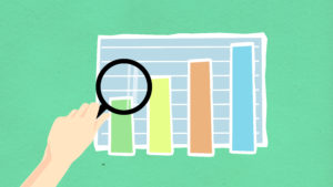 Cutout paper illustration of human hand with magnifier and chart